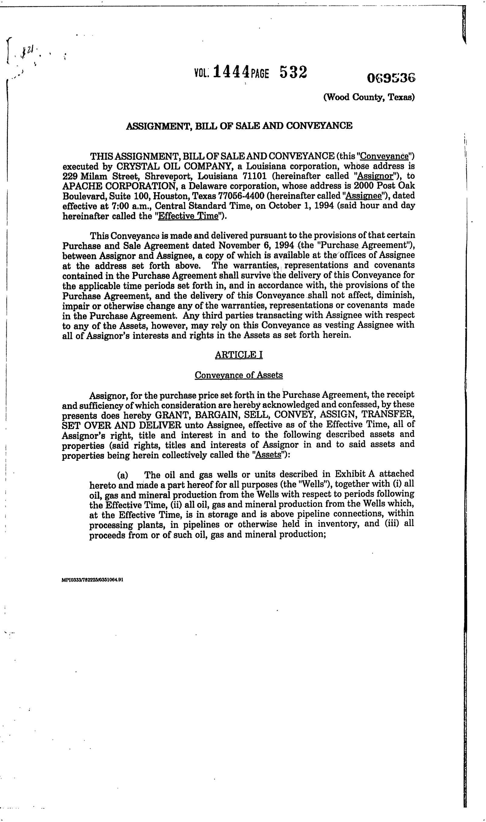 Crystal Oil Co  Dba - Recorded Assignment (Vol. 1444, Page 532)